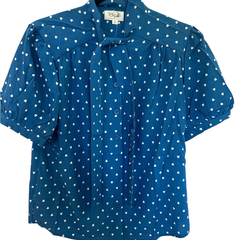 Tulip B Blue Heart Tie-Neck Blouse